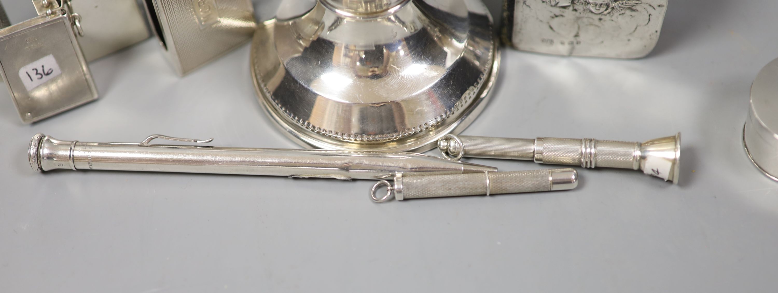 A silver mounted small inkwell, a silver mounted prayer book and other small silver including match sleeves, lipstick holder, cigar piercer, pen and Georgian pill box by Phipps & Robinson.